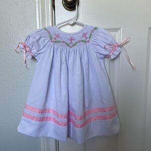 Smocked White Cross Baby Dress with Pink Trim
